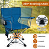 360° swivel hunting chair in blue with a sturdy metal frame, mesh cup holder, and storage pockets for outdoor.