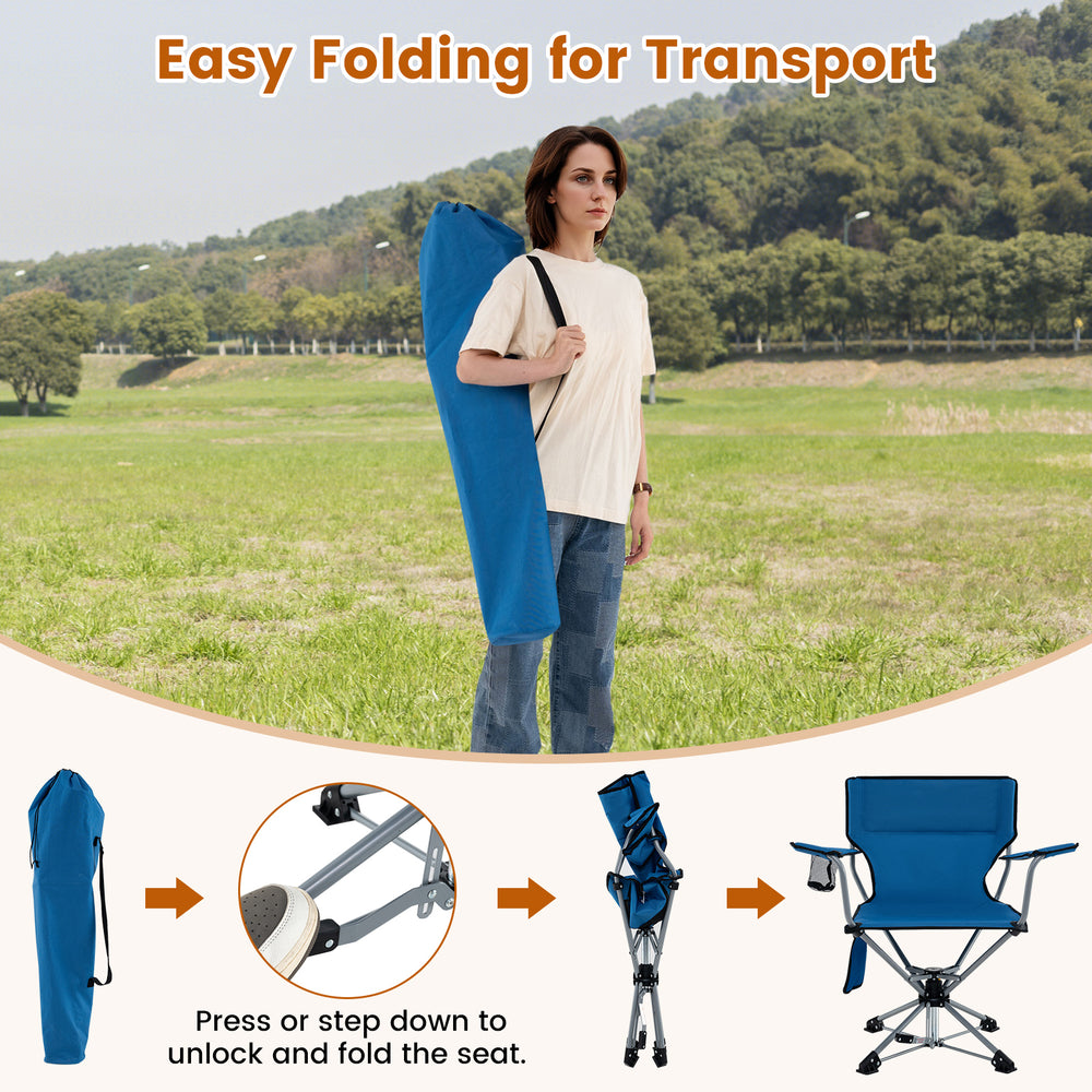 Portable blue 360° swivel hunting chair with armrests, mesh cup holder, and side pockets for outdoor activities.