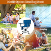 Portable blue 360° swivel hunting chair with mesh cup holder and storage pockets, ideal for camping and fishing.