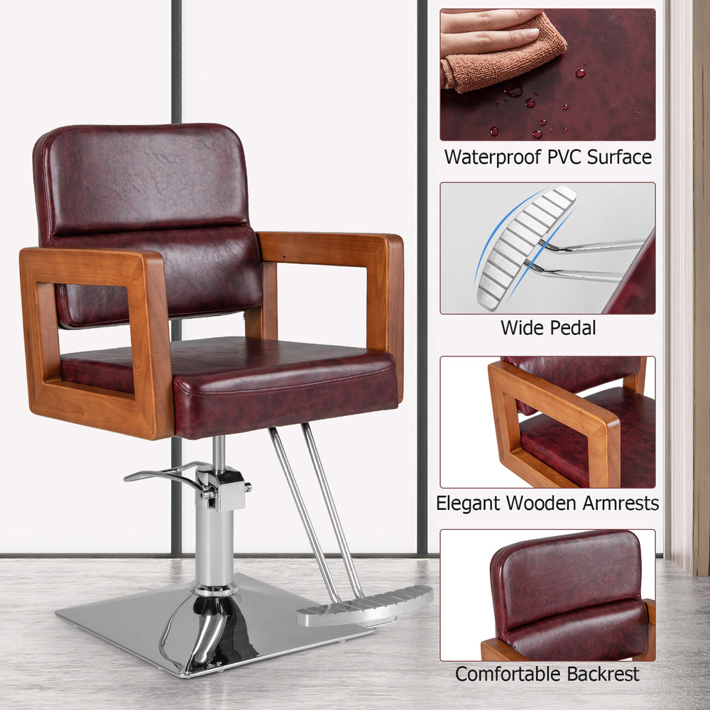 Hydraulic barber chair with red PVC surface, wooden armrests, and adjustable height for hairstylist comfort and support.