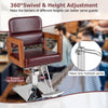 Hydraulic barber chair with 360-degree swivel, red leather, and adjustable height from 21.5” to 27.5” for stylists.