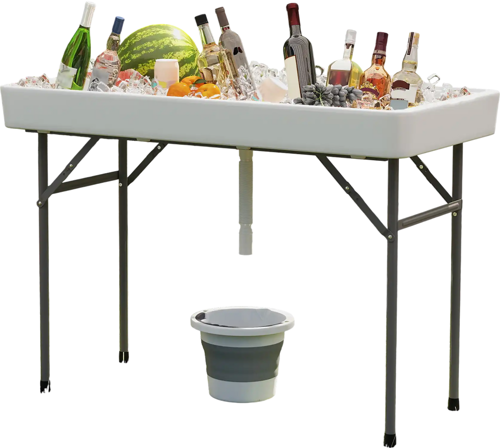 Portable 4-foot ice cooler folding table with large sink, perfect for parties and outdoor events, featuring a sturdy.