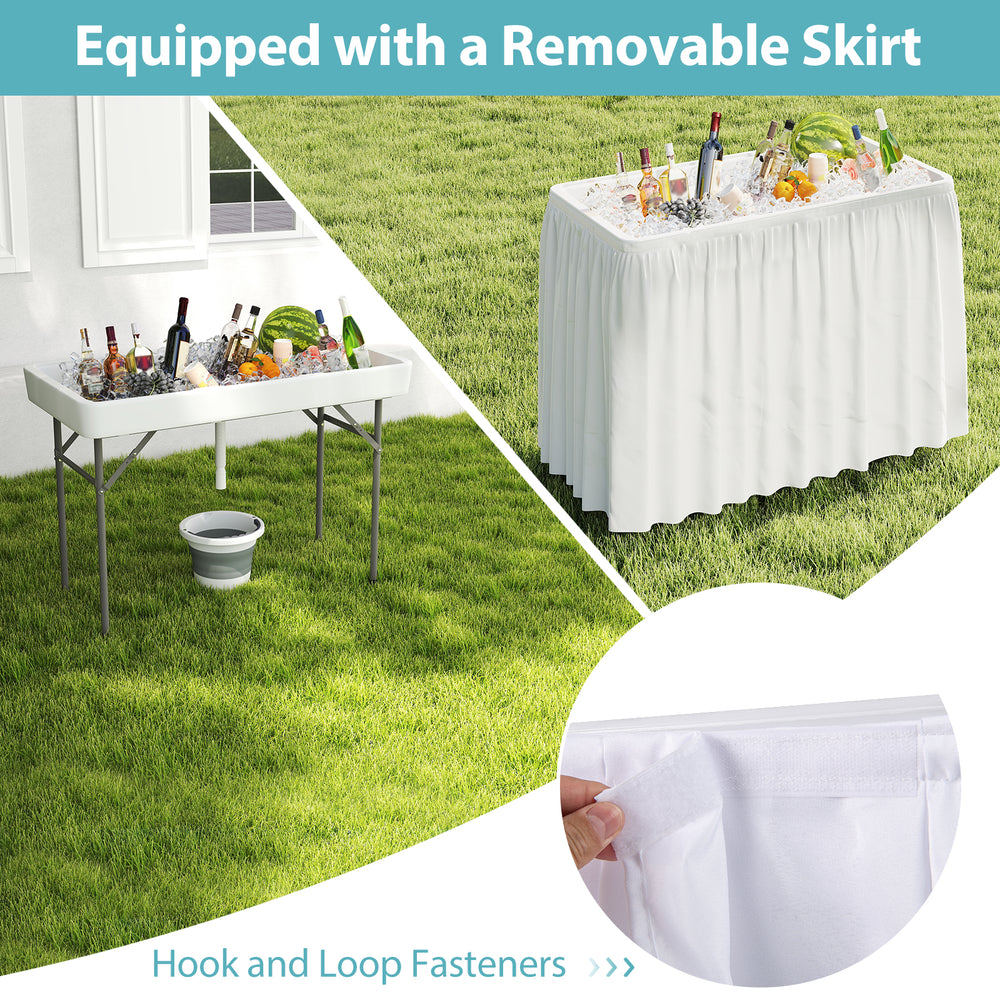 Portable 4-foot ice cooler folding table with removable skirt, large sink, and sturdy metal frame for outdoor events.