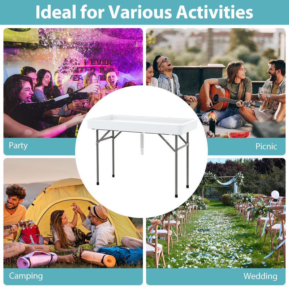 Portable 4-foot folding table with large sink, ideal for parties, picnics, camping, and weddings.