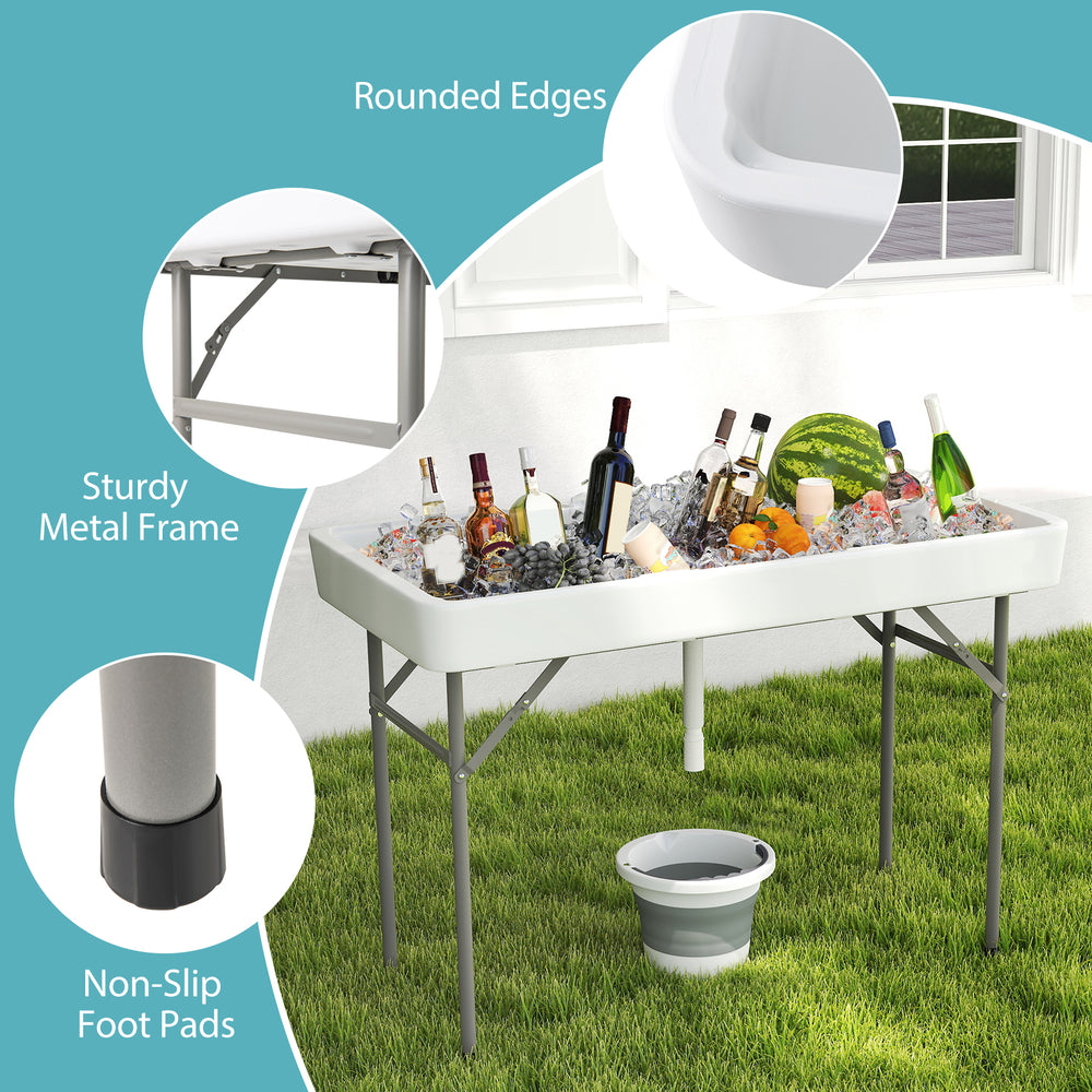 4-foot portable ice cooler table with a large sink, sturdy metal frame, and non-slip foot pads for outdoor events.