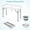 4-foot folding table with large sink, removable skirt, and drainage holes, ideal for parties and outdoor events.