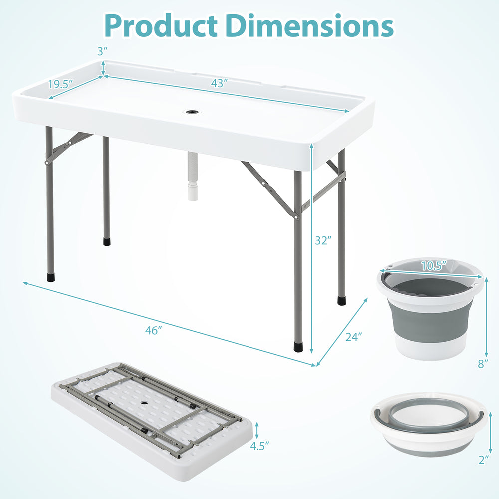 4-foot folding table with large sink, removable skirt, and drainage holes, ideal for parties and outdoor events.