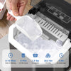 Countertop ice maker in black with ice scoop, showcasing 9 bullet-shaped ice cubes in the storage basket.