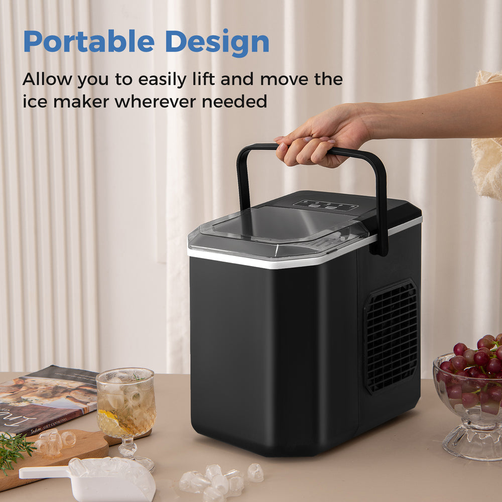 Portable black ice maker with self-cleaning, producing 9 bullet-shaped ice in 6-13 mins, ideal for home or parties.