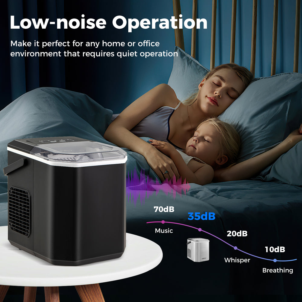 Countertop ice maker in black, producing bullet-shaped ice quietly at under 35dB, ideal for home and parties.