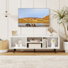 White 47.5-inch TV stand with an open middle shelf, designed for TVs up to 55 inches, perfect for modern living spaces.