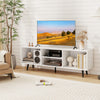White 47.5-inch TV stand with metal legs, featuring compartments for gaming consoles and books, ideal for living rooms.