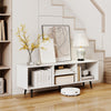 White 47.5-inch TV stand with compartments and metal legs, ideal for living rooms and bedrooms, showcasing books and.