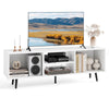 47.5-inch white TV stand with metal legs, featuring compartments for books and gaming consoles, ideal for living rooms.
