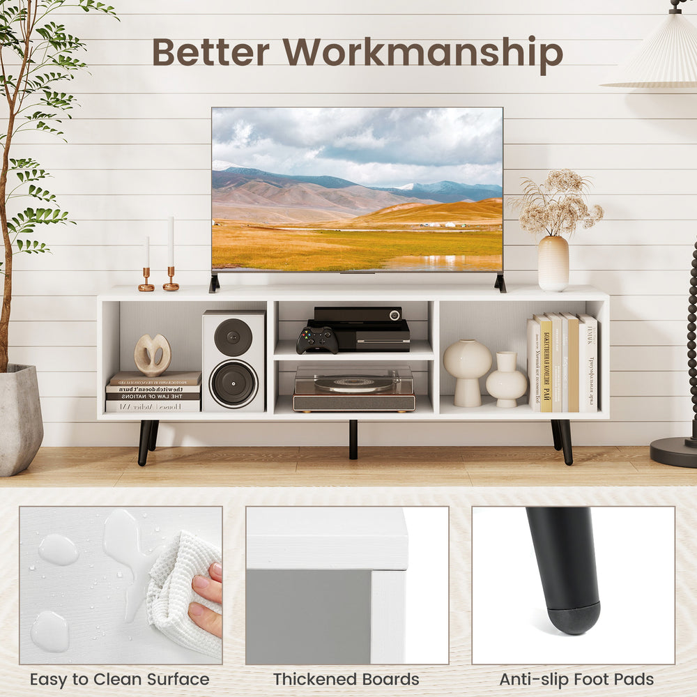 47.5-inch white TV stand with metal legs, featuring compartments for books and consoles, ideal for living rooms.