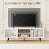 47.5-inch white TV stand with compartments, suitable for TVs up to 55 inches, featuring metal legs for stability.