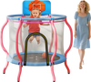 Kids trampoline with pink frame, 48" jumping surface, and basketball hoop for indoor and outdoor fun.