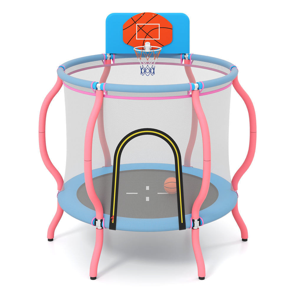 Pink kids trampoline featuring a basketball hoop, tall safety mesh, and padded poles for safe indoor and outdoor.