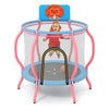 Kids trampoline in pink with basketball hoop, 48" jumping surface, and safety mesh for indoor and outdoor fun.