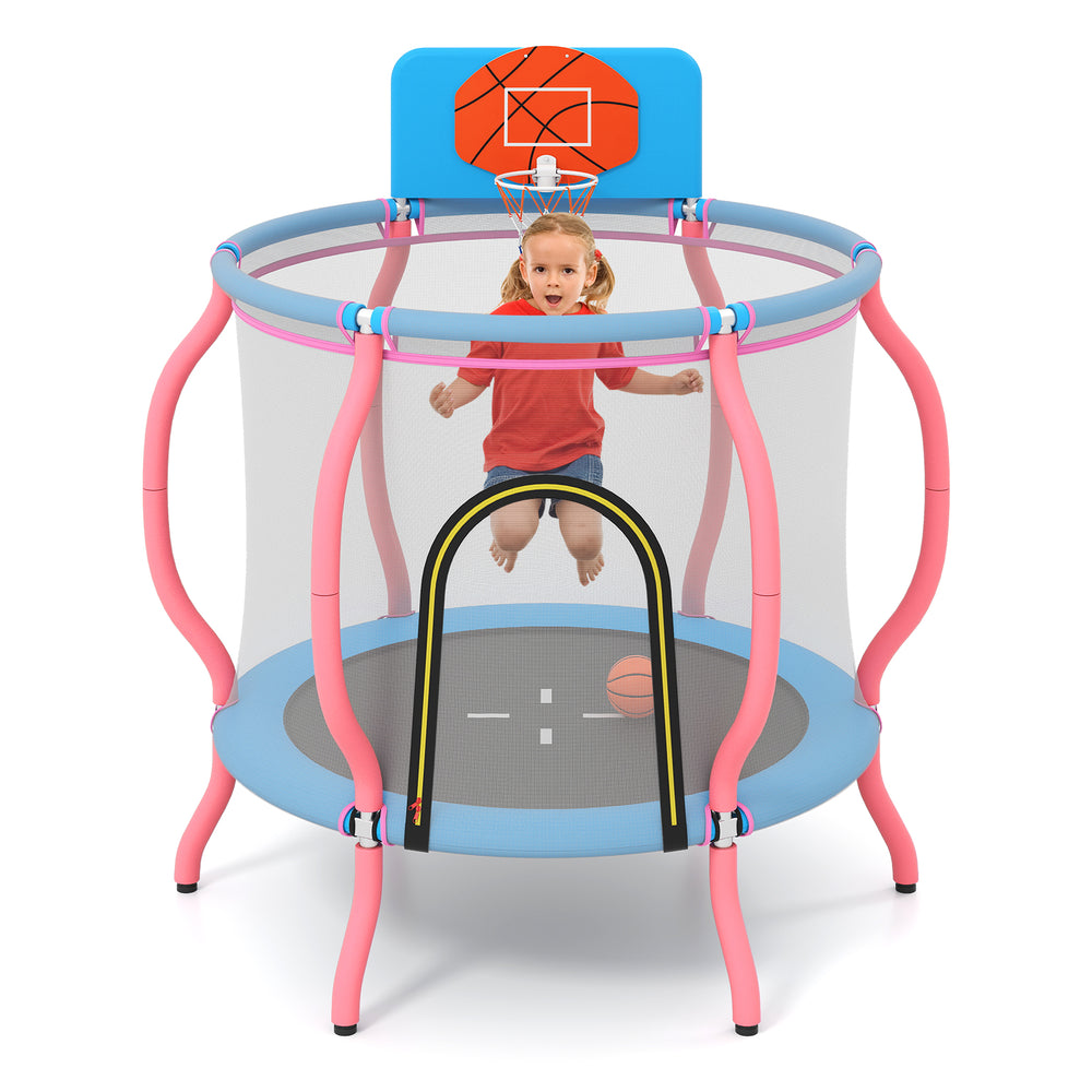 Kids trampoline in pink with basketball hoop, 48" jumping surface, and safety mesh for indoor and outdoor fun.