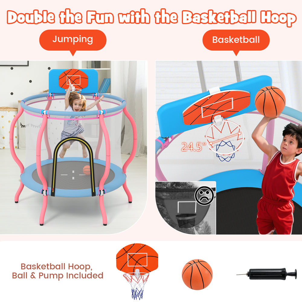 Kids trampoline with basketball hoop, pink design, 48" jumping surface, suitable for indoor and outdoor fun.