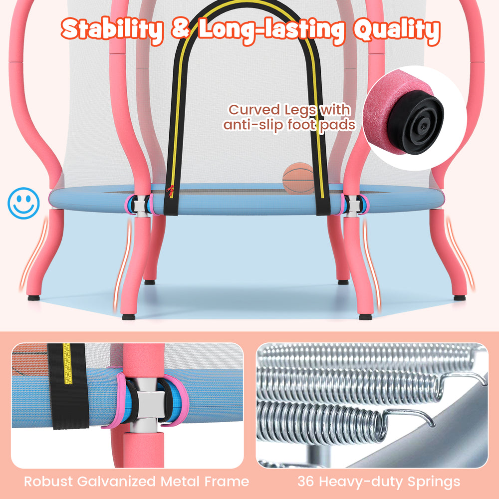 Kids trampoline with a pink galvanized metal frame, 48" jumping surface, and safety mesh, perfect for indoor and.