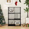 3-tier black metal cat cage with climbing ladders, cozy hammock, and lockable doors for indoor pet play and rest.