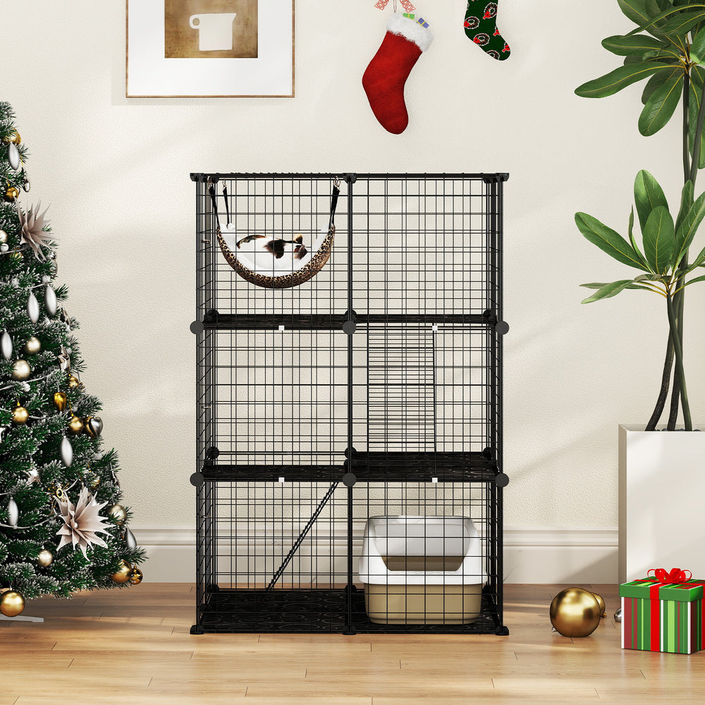 3-tier black metal cat cage with climbing ladders, cozy hammock, and lockable doors for indoor pet play and rest.
