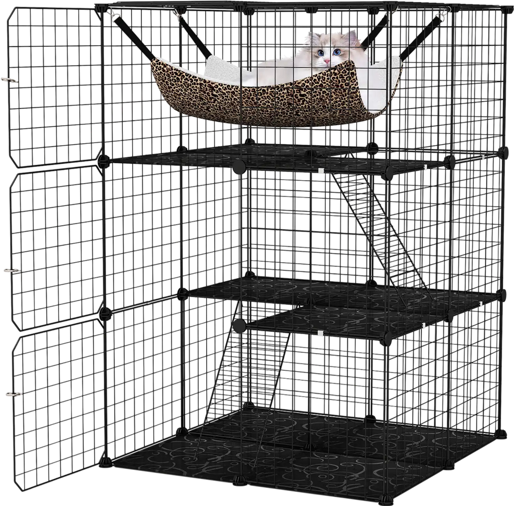 3-tier black metal cat cage with cozy hammock, climbing ladders, and lockable doors for secure pet play and rest.