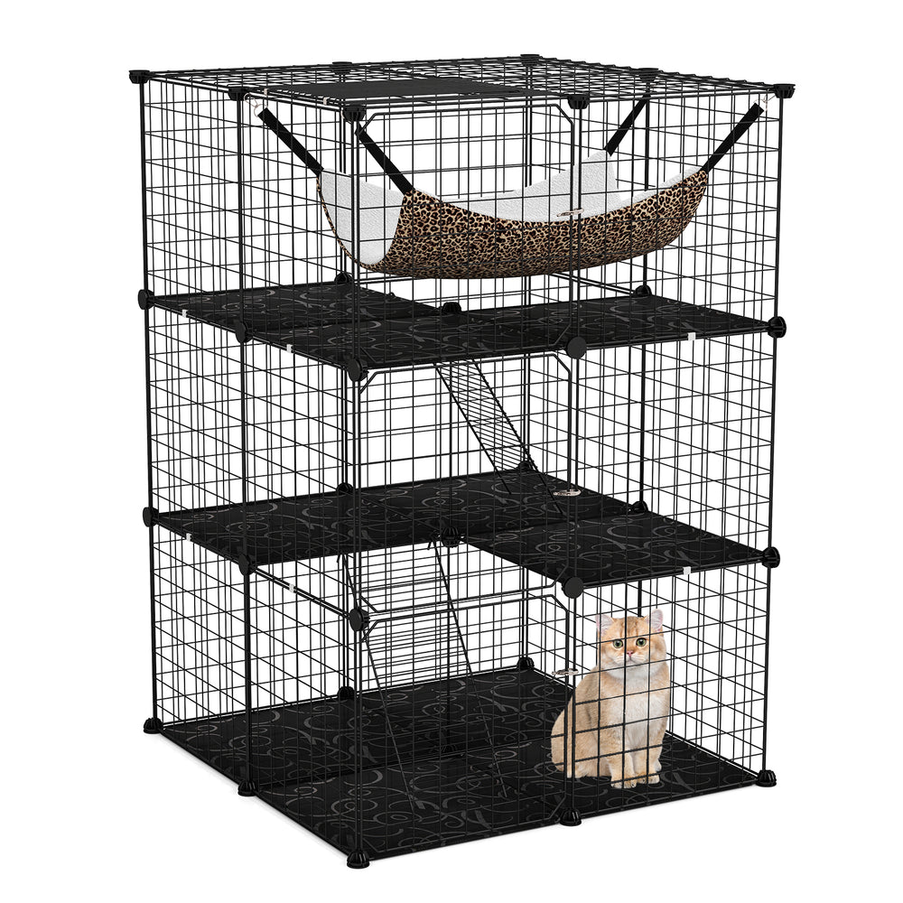 3-tier black metal cat cage with climbing ladders, cozy hammock, and lockable doors for secure pet play and rest.