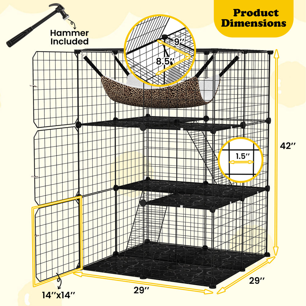 3-tier indoor cat cage with detachable metal wire, featuring a cozy hammock and lockable doors for secure access.