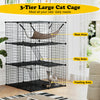 3-tier black cat cage with climbing ladders, hammock, and lockable doors for play, rest, and feeding areas.