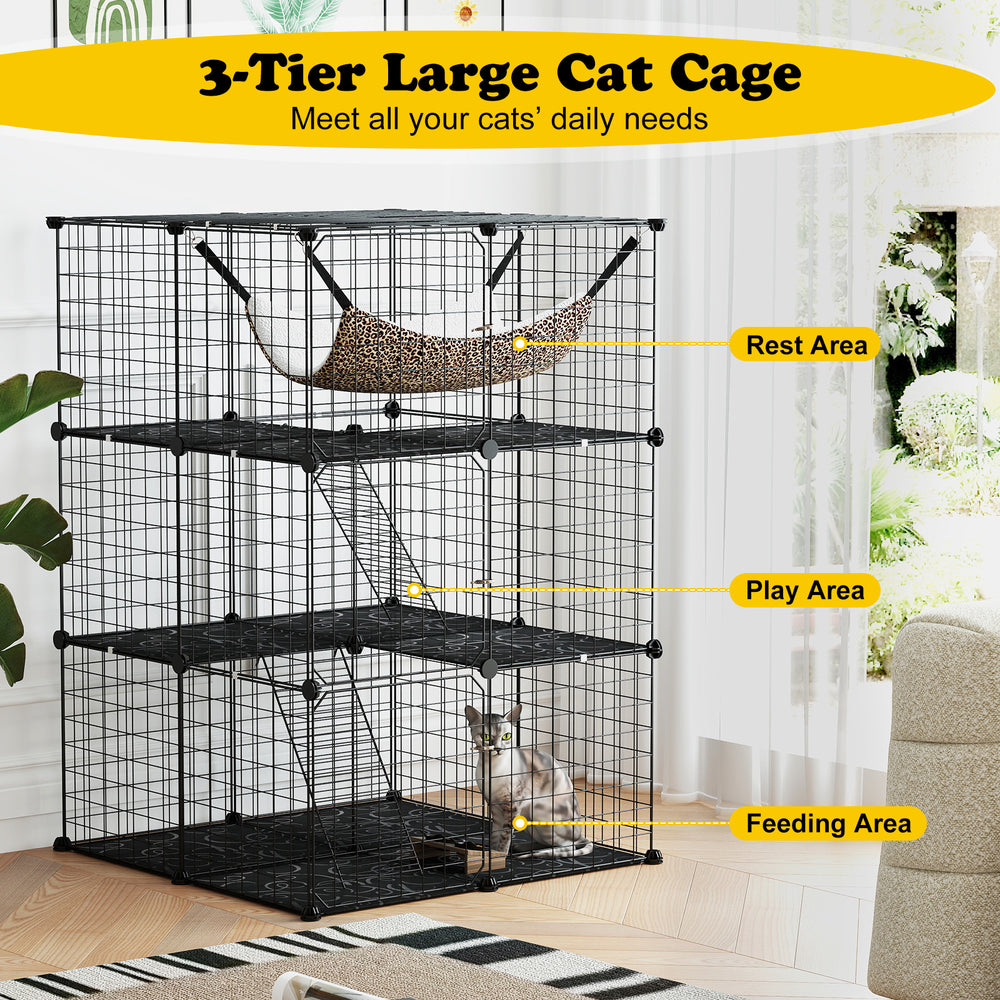 3-tier black cat cage with climbing ladders, hammock, and lockable doors for play, rest, and feeding areas.
