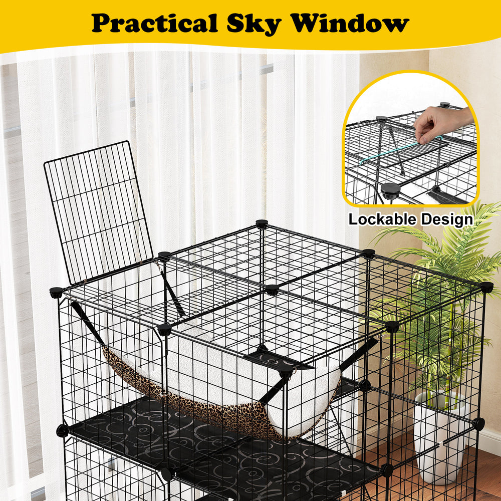3-tier black indoor cat cage with lockable skylight, climbing ladders, and cozy hammock for playful pets.
