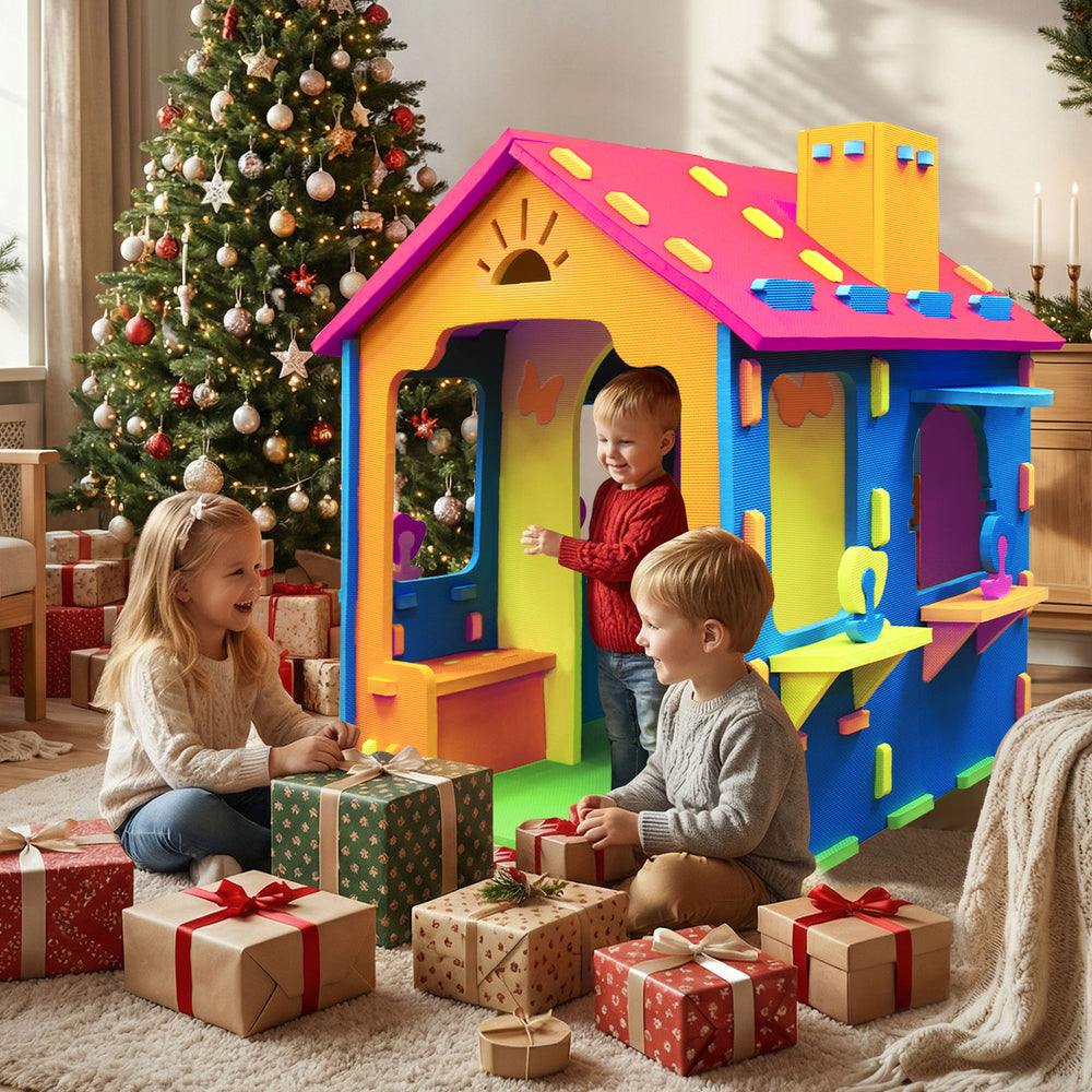 Indoor Cottage Playset with Roof and Chimney for Creative Play-Multicolor - Gallery View 1 of 10