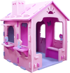 Indoor cottage playset in pink and purple, featuring a chimney and shelves, designed for creative play and easy.