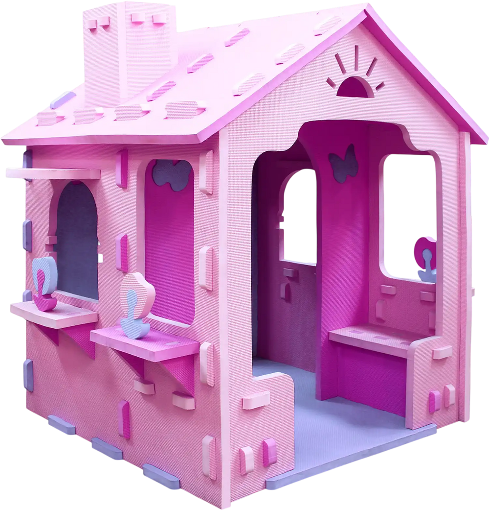 Indoor cottage playset in pink and purple, featuring a chimney and shelves, designed for creative play and easy.