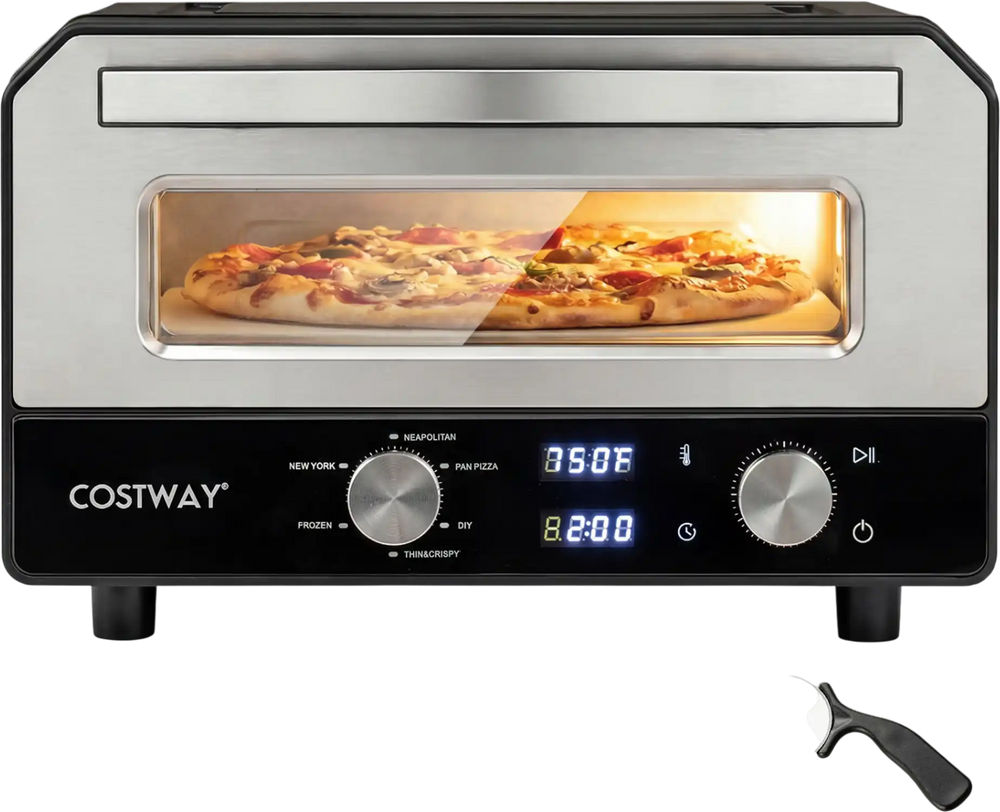 Indoor electric pizza oven with a tempered glass window, cooking 12-inch pizzas at high heat for quick meals.