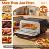 Indoor electric pizza oven with a tempered glass window, designed for 12-inch pizzas, featuring rapid high-heat cooking.