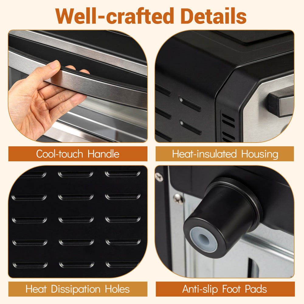 Cool-touch handle and heat-insulated housing of the black indoor electric pizza oven for safe, rapid cooking.