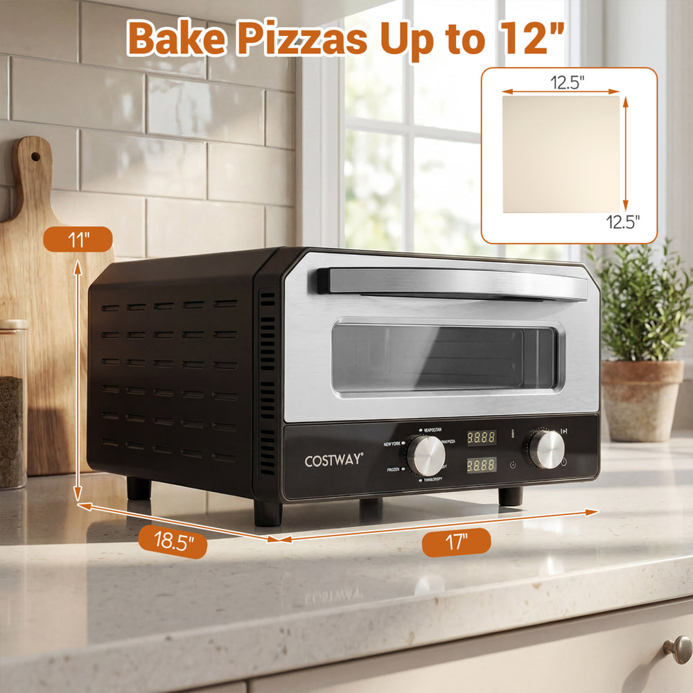 Indoor electric pizza oven with a tempered glass window, baking pizzas up to 12 inches for quick, delicious meals.