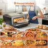 Indoor electric pizza oven with dual heating zones, 850℉ max temperature, and 8 preset modes for easy cooking.