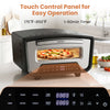 Indoor electric pizza oven with touch control panel, dual heating zones, and 8 presets for 12-inch pizzas.