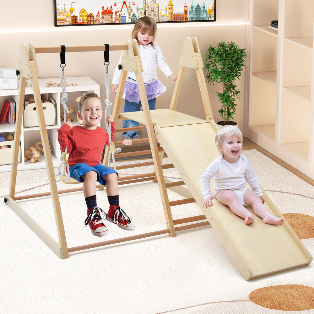 Kids enjoying the adjustable swing and slide combination of the 5-in-1 indoor jungle gym, fostering active play and fun.