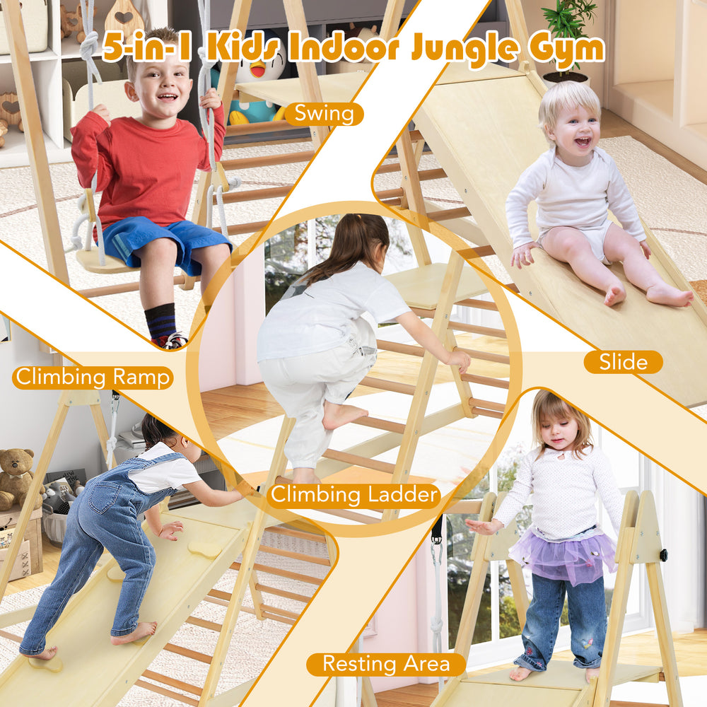 5-in-1 indoor jungle gym featuring a slide, climbing ladder, adjustable swing, and resting area for kids' playtime.
