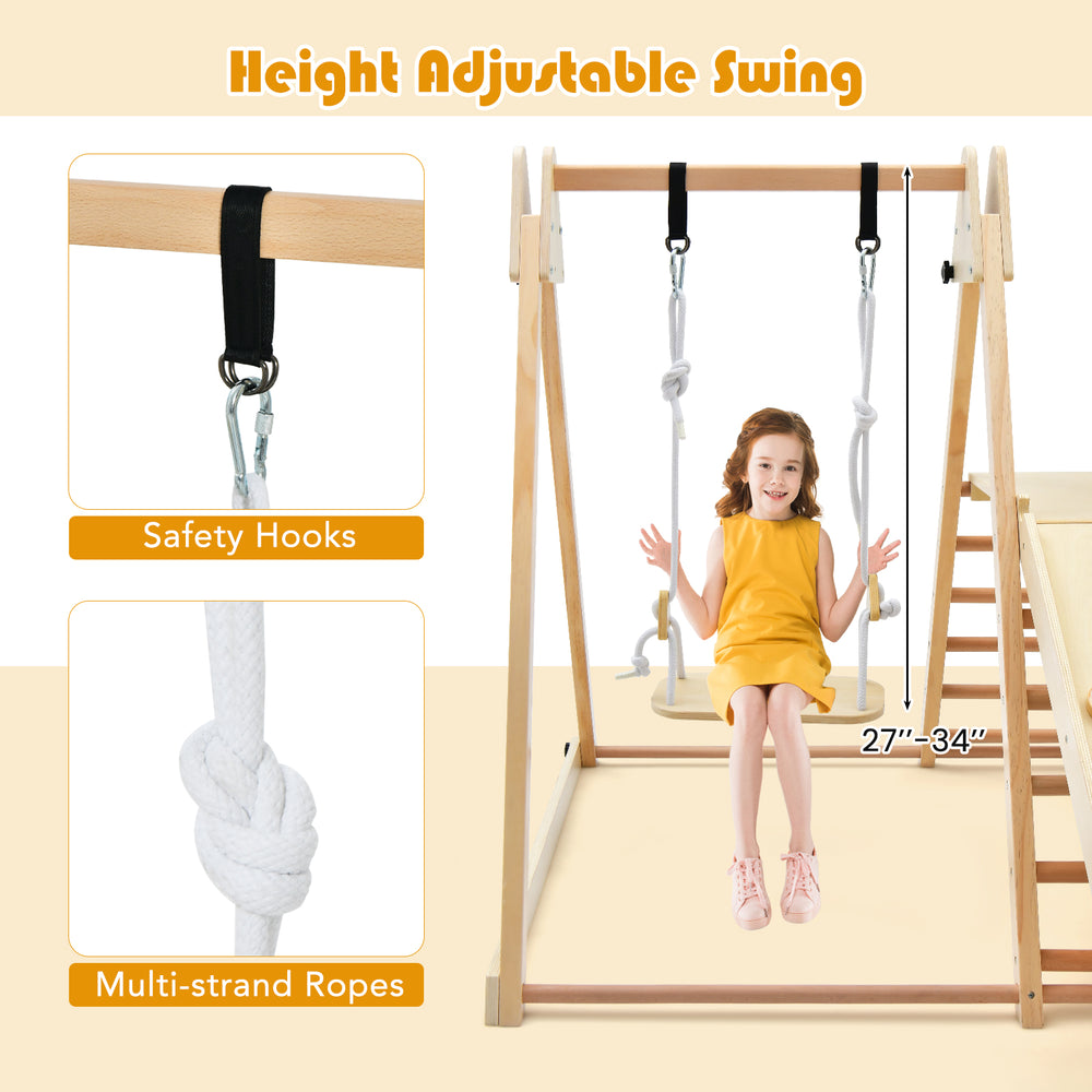 Height-adjustable swing with multi-strand ropes and safety hooks, designed for kids' indoor play and motor skill.