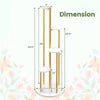 Indoor metal plant stand with golden frame and white shelves, featuring dimensions for corner placement and plant.