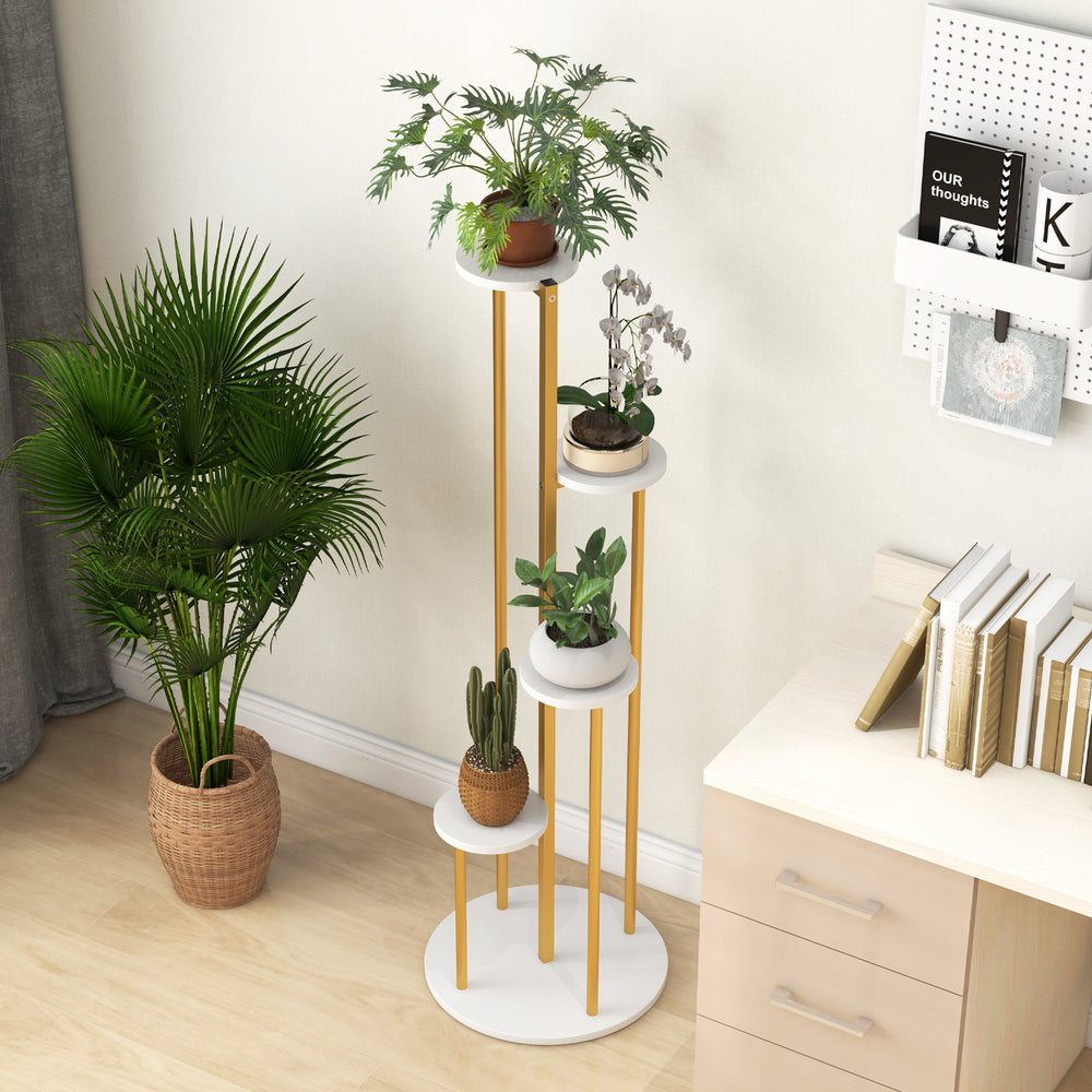 Five-tier indoor metal plant stand with golden frame and white shelves, perfect for corner plant display.
