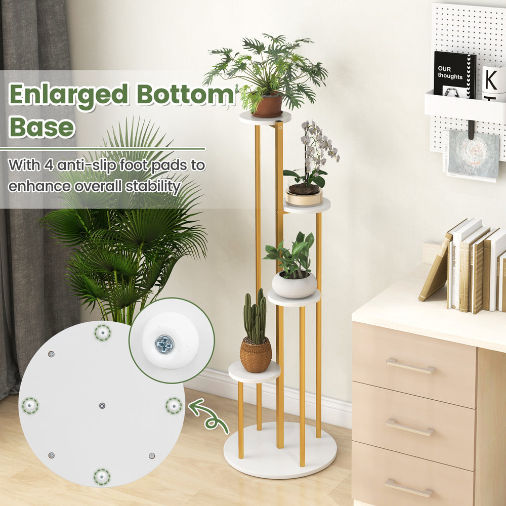Indoor metal plant stand with golden frame and waterproof MDF boards, featuring anti-slip footpads for stability.