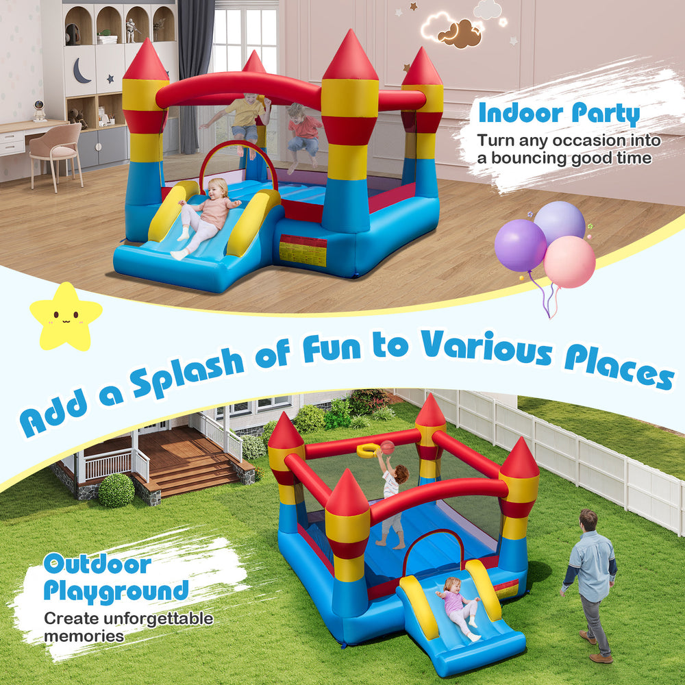 3-in-1 kids bouncer with slide, featuring a large jumping area and mesh walls, ideal for indoor parties and outdoor fun.